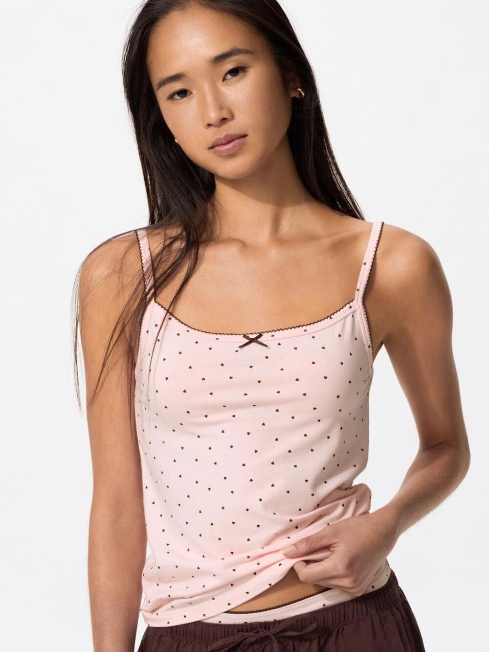 Uniqlo S Soft Modal Cotton Heart Print Camisole Pink Y2K Cami Tank